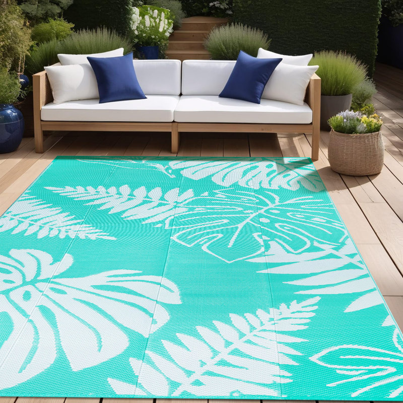 Ellie Reversible Leaf Outdoor Rug, Rectangle 5' x 8', Blue