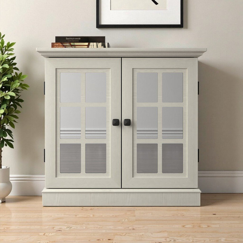 Armoire de rangement blanche en bois aggloméré 3D avec 2 portes en miroir en acrylique, tablette réglable, poignées en métal - Buffet pour salle à manger, salon, cuisine (l 30,75 po)