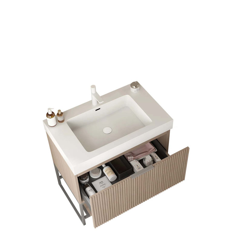 Meuble-lavabo 24 po avec lavabo, armoire de rangement autoportante en contreplaqué rayé avec tiroir et tablette ouverte, lavabo intégré rectangulaire blanc sans robinet, pré-assemblé