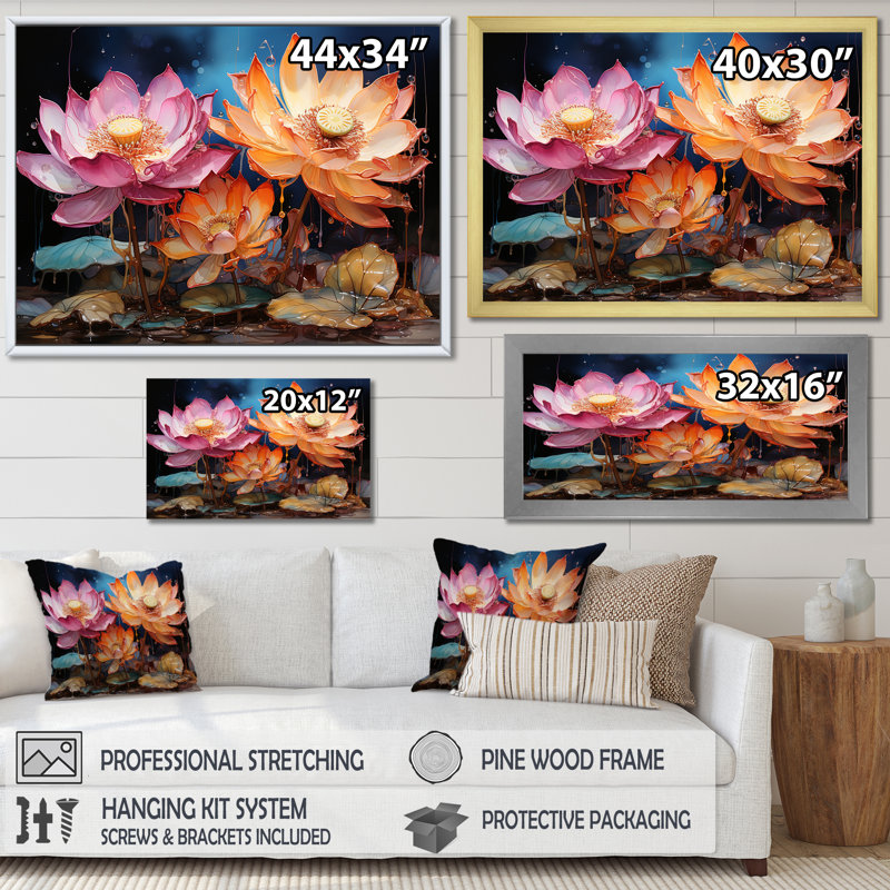«Lotus Expressionist Vitality I», reproduction sur toile, H 24 po x l 32 po x P 1 po, Cadre flottant doré