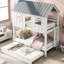 Lit simple superposé avec lit gigogne, fenêtres et toit, blanc et gris, solution pour chambre à coucher confortable et durable