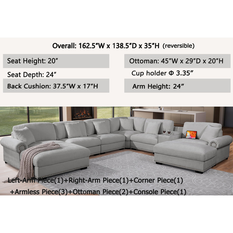 Errett Upholstered Fabric Large Reversible Corner Sectional Cloud Couch with Two Ottomans, Storage Console with Cup Holders & Charging Ports