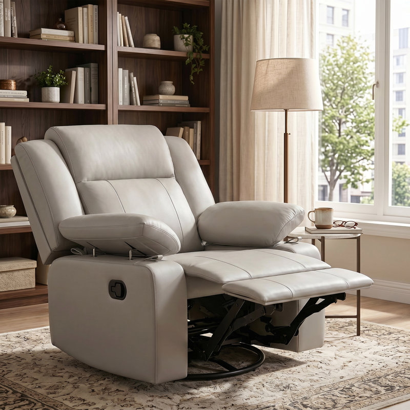 34”W Upholstered Swivel Reclining Rocking Chair, Gray