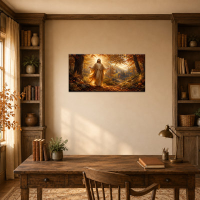 «Jesus in Autumn Forest», art mural sur toile, calme spirituel plein d'espoir, conception prête à accrocher, point focal du salon ou de l'entrée 20 po x 40 po