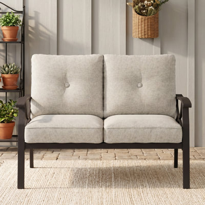 48" Metal 2‑Person Outdoor Sofa with Heavy‑Duty Iron Frame, Outdoor Loveseat with Advanced Anti‑Rust Coating for All Weather, Patio Sofa with Weather‑Resistant Washable Cushion Covers for Backyard,  Deck, Garden