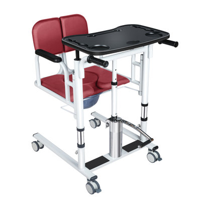 Adjustable Height Hydraulic Patient Lift Transfer Chair, 180° Split PU Seat, Portable Nursing Wheelchair with Commode & Tray for Elderly Home Care,Red