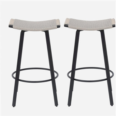 Chaise de bar à dossier haut tissée à la main sans dossier avec repose-pieds rond, ensemble de 2 tabourets de bar en PVC tissé (noir et beige), convenant à une utilisation intérieure et extérieure