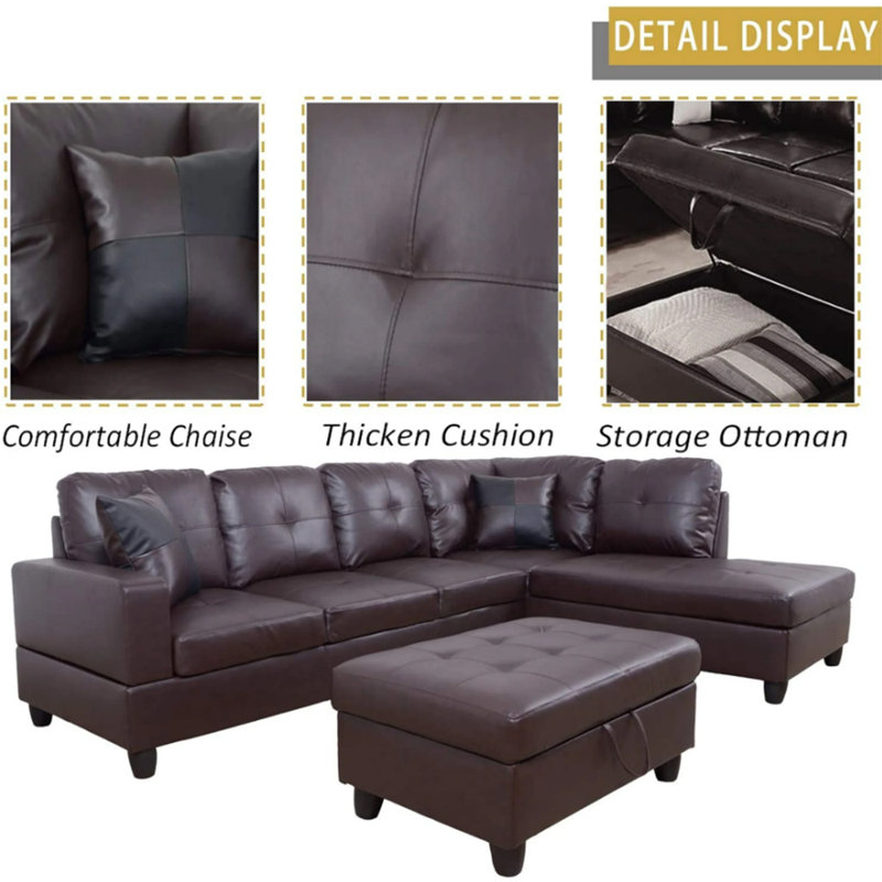 3-Piece Faux Leather L-Shape Leather Sectional, Brown Faux Leather