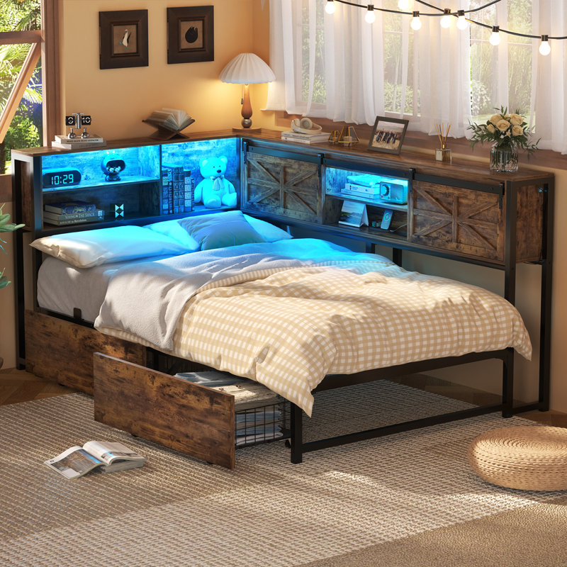 Farmhouse Daybed With Bookcase & Drawer, L Shaped Twin Bed Frame With Power Outlet & LED, Brown