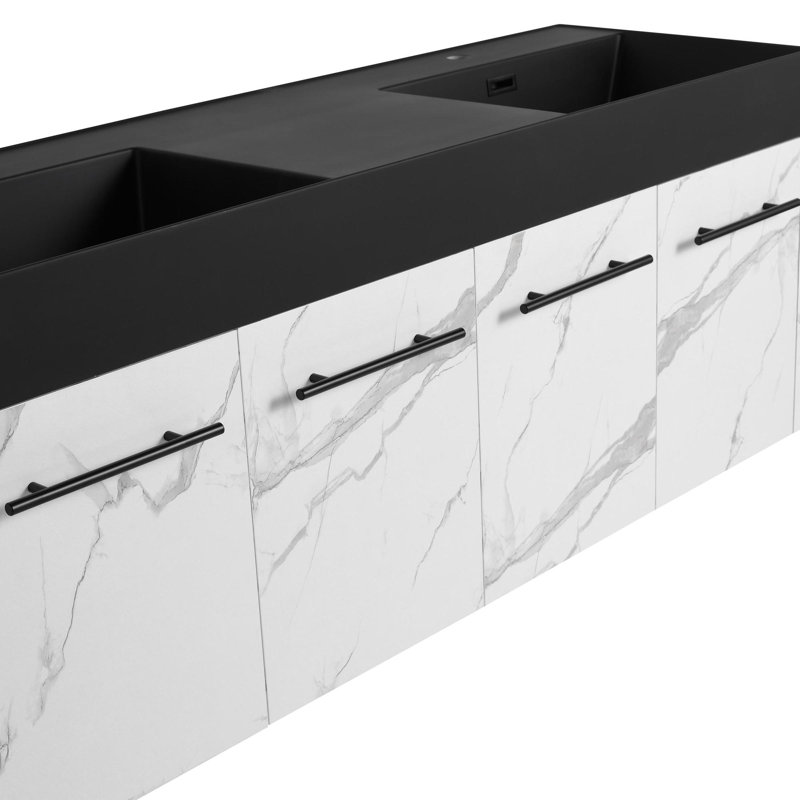 Meuble-lavabo mural 60 po avec lavabo, lavabo en résine noire à double rebord épais, ensemble KD, Blanc, Noir