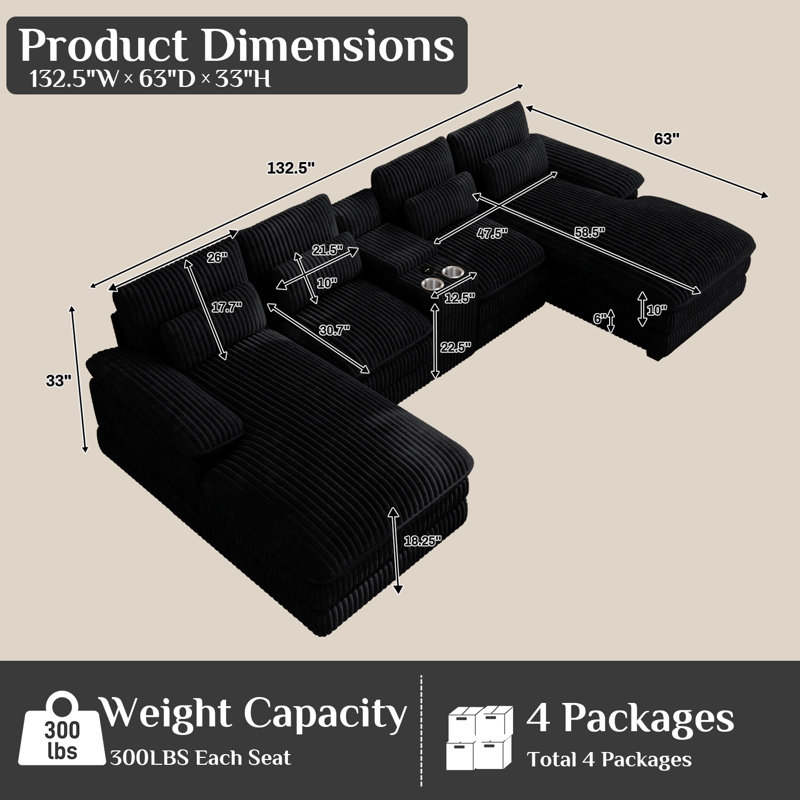 5 Piece U Shape Sectional Sofa Cloud Couch Double Chaise Sectional Couch with Console, Black Corduroy