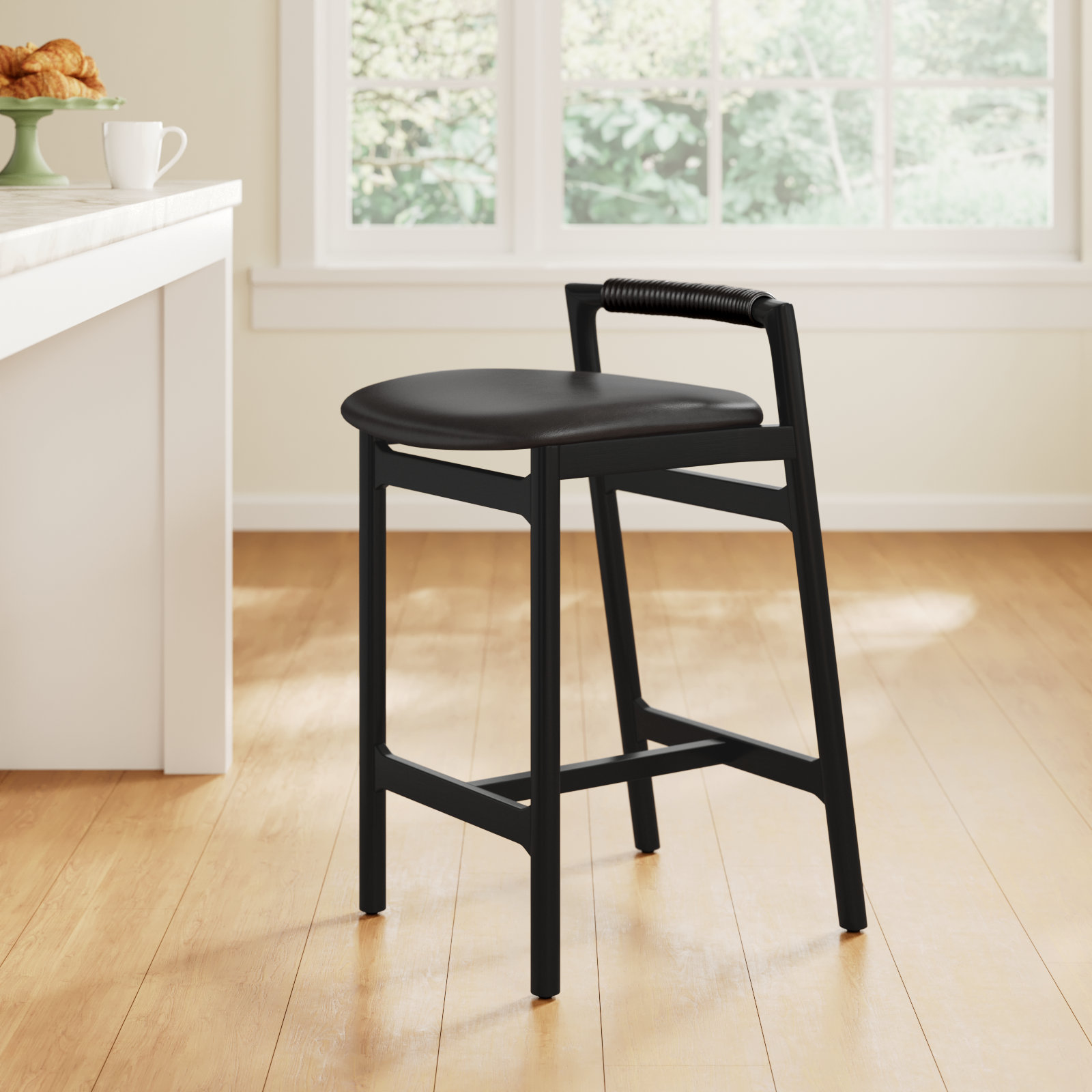 Solene Leather Stool, Counter Stool (26" Seat Height), Sonoma Black/Genuine Leather, Brushed Ebony