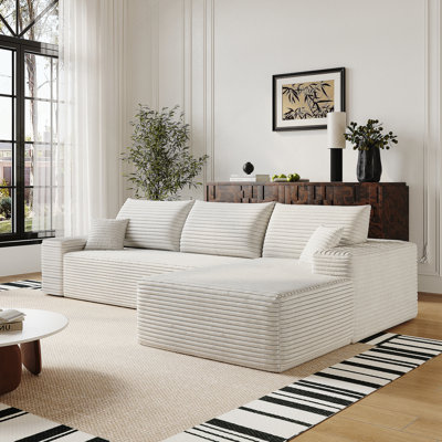 Canapé modulaire 107 po avec méridienne en L 107 po, canapé modulaire moderne pour le salon, aucun assemblage requis, tissu en velours côtelé moelleux, blanc