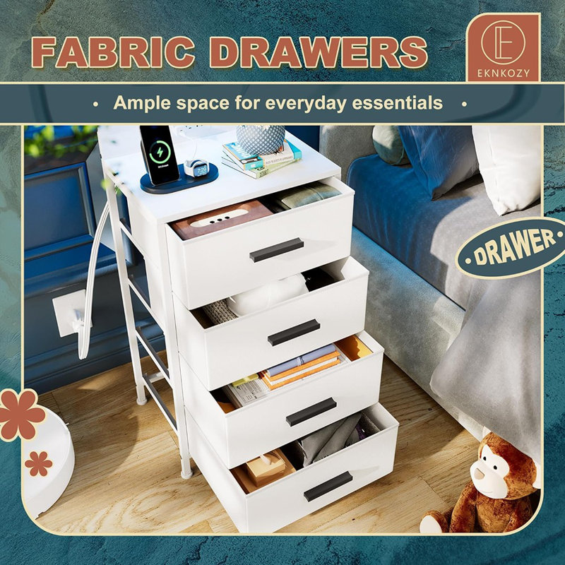 Nightstand 4 Drawer Dresser With Led Lights, Charging Station, Mesh Shelf With Hooks, Vertical Side Table With Fabric Drawers, End Table, Tall Dresser For Bedroom, Hallway, Entryway, White