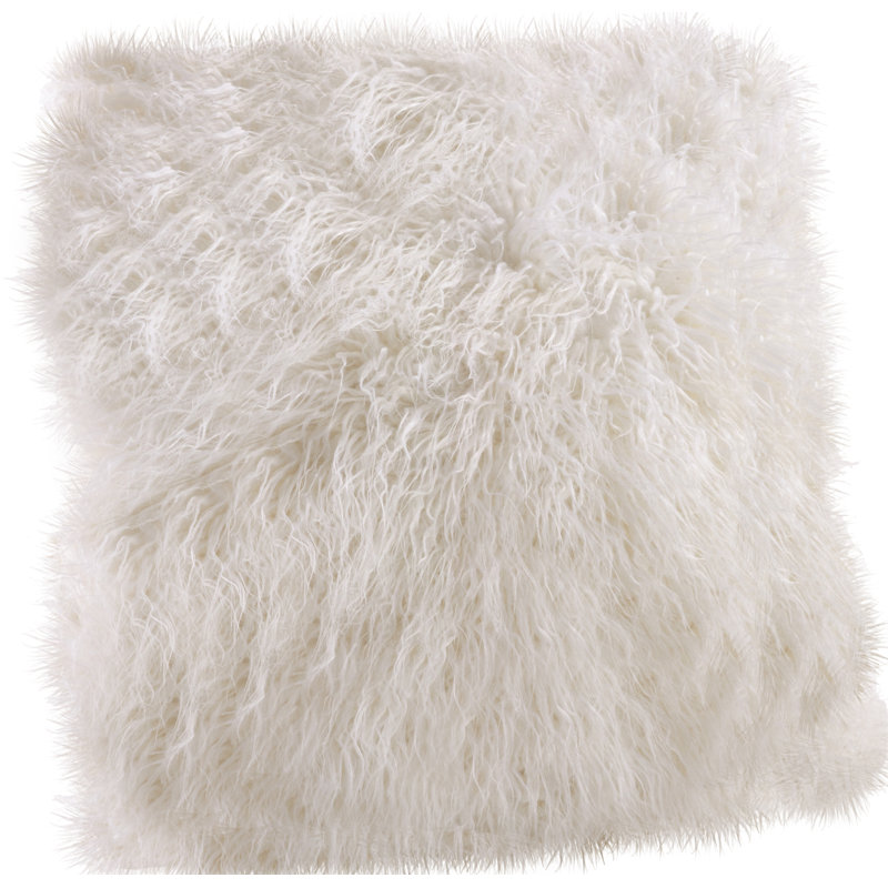 Faux Mongolian Square Faux Fur Pillow Cover and Insert, Ivory, 18"H x 18"W