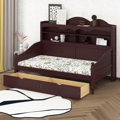 Twin Daybed With Storage Drawers And Headboard Shelving, Wooden Retro Day Bed Frame