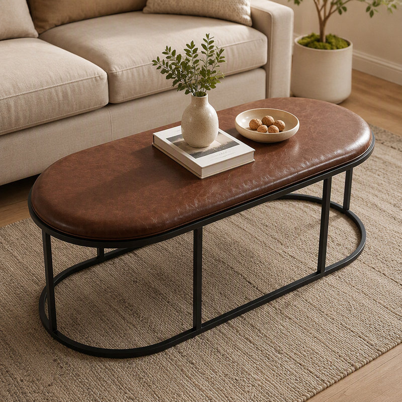 Table basse ovale en similicuir 55,12 po avec base en métal