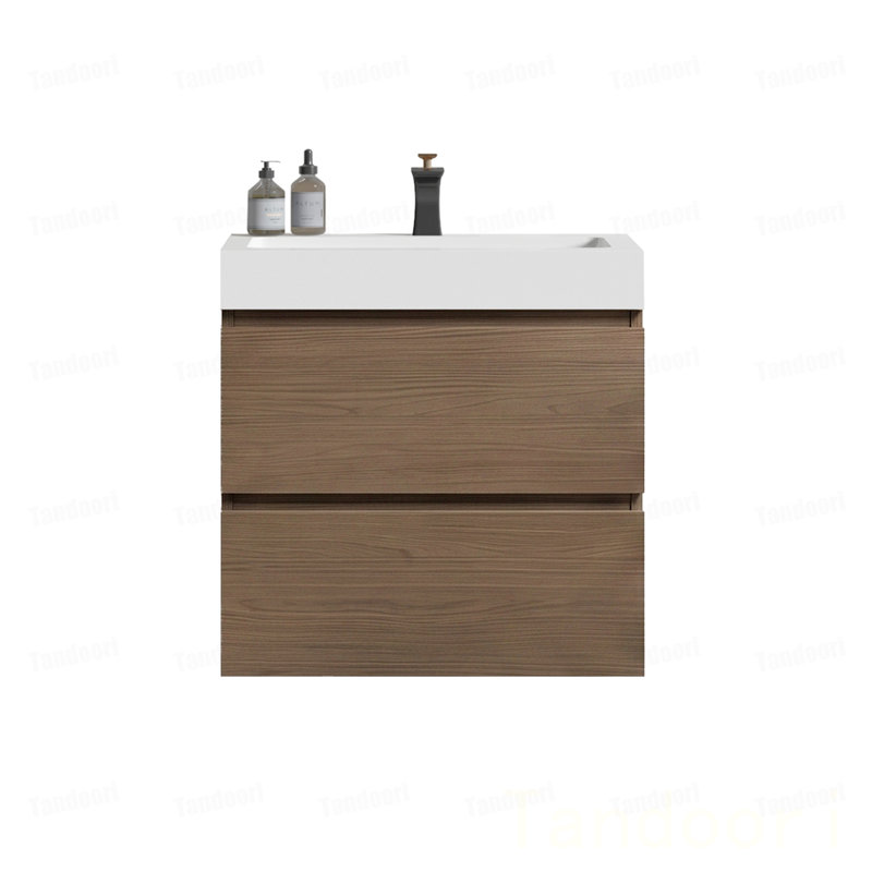 Meuble-lavabo mural en noyer avec lavabo, grand meuble-lavabo flottant mural pour salle de bain moderne, lavabo une pièce sans drain ni robinet, pré-assemblé