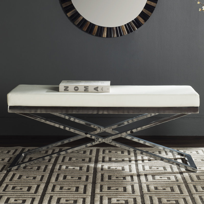 Serena Faux Leather Upholstered Bench, White/Silver