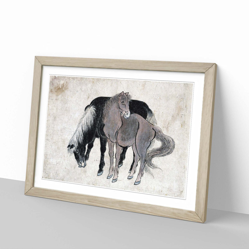 Two Horses by Katsushika Hokusai - Framed Print, 48cm H x 65cm W x 2cm D, Oak Framed