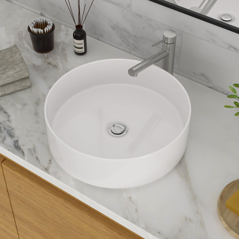 Lavabo de salle de bain rond en céramique 16 po GhomeG, Blanc