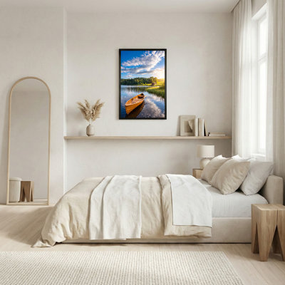 Toile en bois sur un lac avec forêt de pins et nuages, art mural sur toile