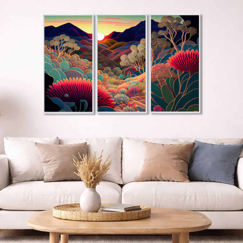 Fleurs colorées pendant l'heure dorée I - Paysage montagnard, ensemble d'art mural sur toile, H 20 po x l 36 po