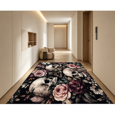 Gothic Skull Floral Area Rug, Dark Vintage Rose Print, Artistic Design, Machine Washable Non‑Slip Floor Carpet, Unique Indoor Home Decor for Living Room, Bedroom, Dormitory, Apartment