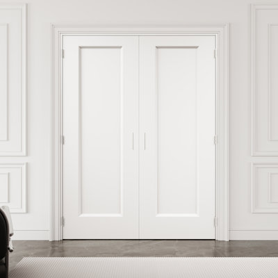 60" x 80" 1-Panel Hollow Core Interior French Door with Silver Hardware & Latch & Door Lever, White Finished & Paintable, Durable & Waterproof, Suit for Laundry, Closet Doors, Room Doors, Assembly Required
