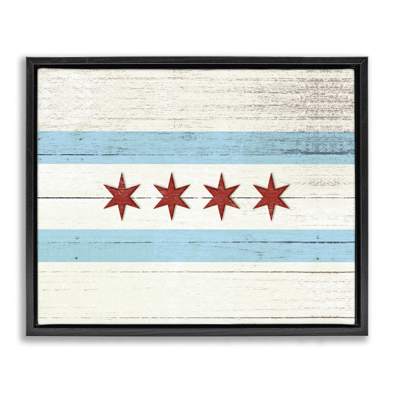 «Chicago Flag Distress Wood Look Canvas Wall Art» par Daphne Polselli, Cadre flottant noir de jais, H 17 po x l 21 po