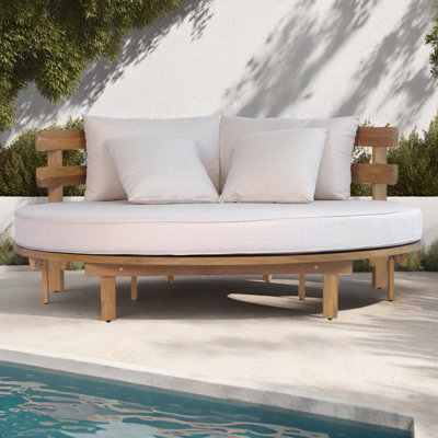 Outdoor Acacia Wood Round Daybed Patio Lounger with Curved Slatted Backrest, Cushion and 4 Pillows