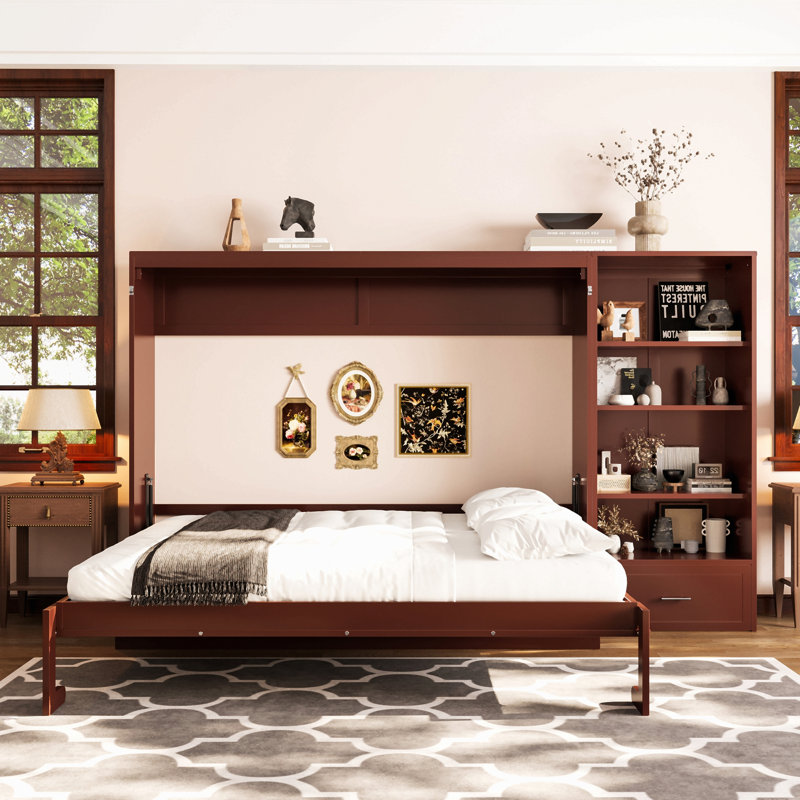 Grand lit escamotable avec compartiments de rangement à hauteur réglable et tablette, cadre de lit mural avec 1 tiroir, lit plateforme pliable multifonctionnel pour chambre à coucher, chambre d'amis