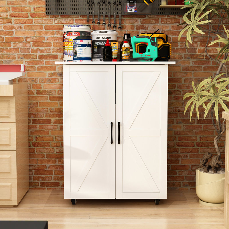 2 Door Garage Storage Cabinet With Lockable Universal Wheels & 8 Plastic Basins