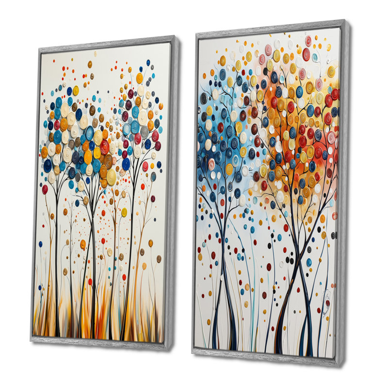 Ensemble de 4 pièces d'art mural orange et bleu 4 saisons Reflections I - abstrait Mid-Century, H 40 po x l 40 po