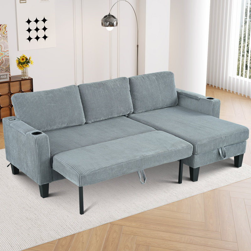 Canapé modulaire réversible avec méridienne de rangement, porte-gobelet, ports USB et velours côtelé moderne