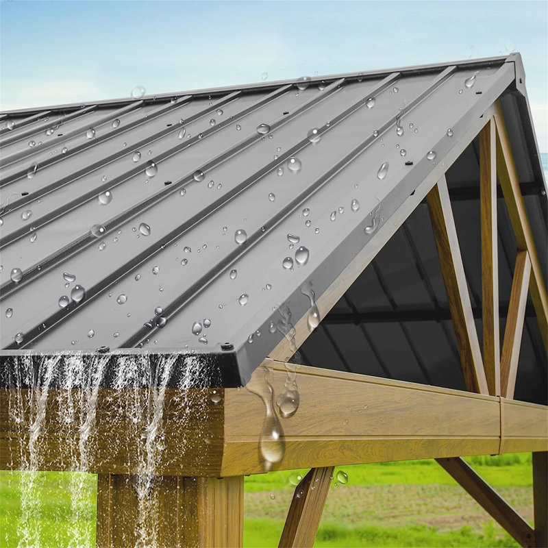 12X20ft Hardtop Gazebo, Galvanized Steel Gable Roof Gazebo Pergola With Wood Grain Aluminum Frame, Outdoor Permanent Gazebo Pavilion For Patio, Garden