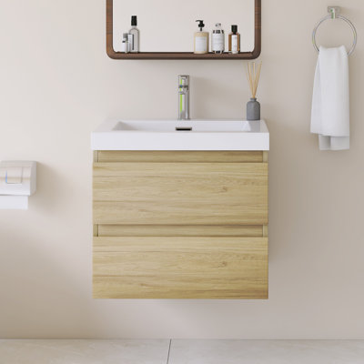 24" Wall Mounted Single Bathroom Vanity With White Integrated Resin Top