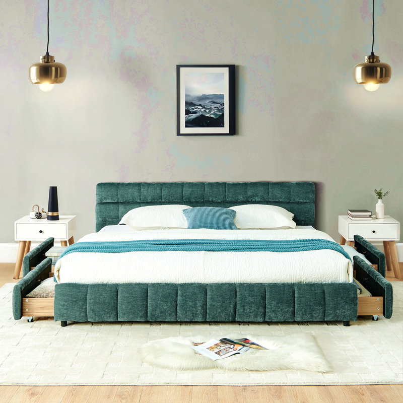 Lit tapissier très grand californien, cadre de lit rembourré confortable, tissu chenille, avec tête de lit et cadre de lit solide. Avec tiroir pour le rangement - bleu-vert (90,5 po x 80,5 po x 31 po)