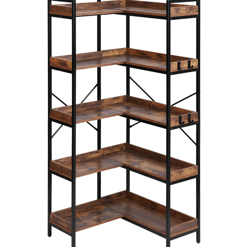 Étagère de coin en L à 5 niveaux, 4 crochets, 2 options d'assemblage, organisation multiple, tablettes épaisses, structure en métal robuste, barres de stabilité en forme de X, bibliothèque pour appareils, ou assemblage droit, pour