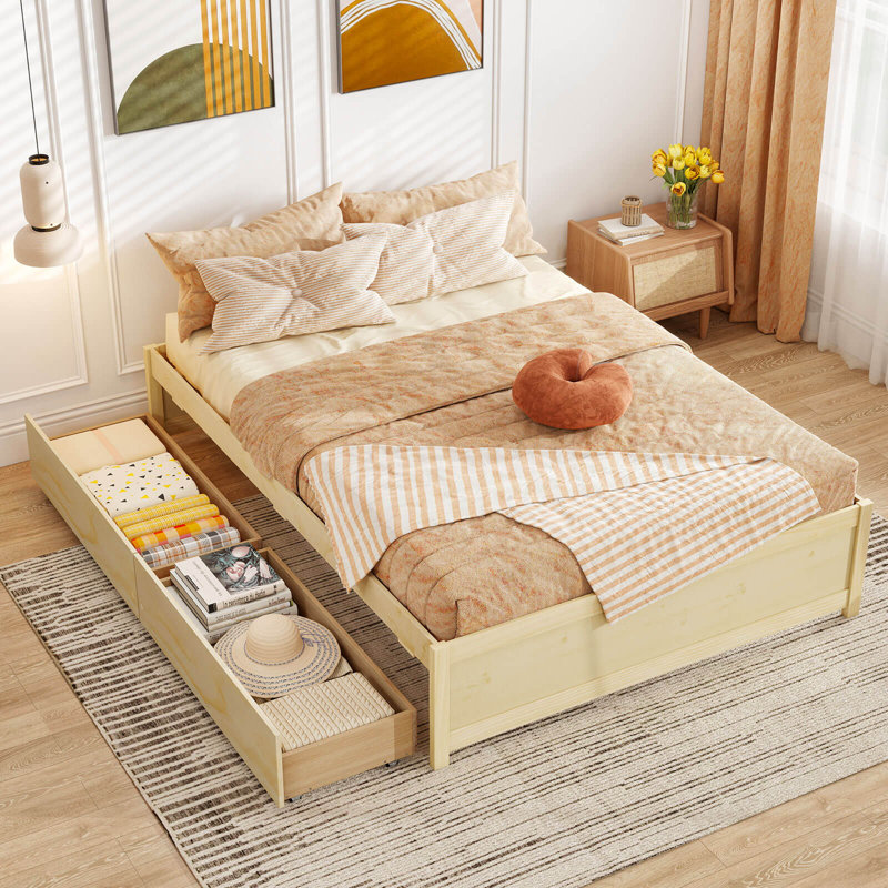 Full Size Wooden Platform Bed with 2 Rolling Storage Drawers Wood Slat Support, Natural