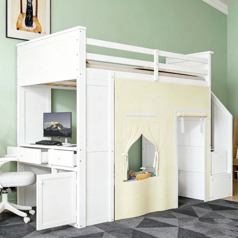 Lit mezzanine simple avec bureau, escalier de rangement, casiers, tiroirs et rideau de jeu, structure de lit mezzanine en bois massif blanc pour enfants avec garde-corps complet