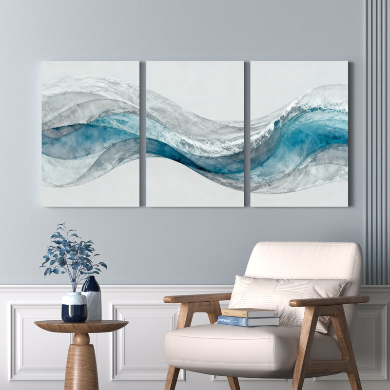 Ensemble de 3 tableaux abstraits sur toile tendue, motif vague, H 36 po x l 72 po
