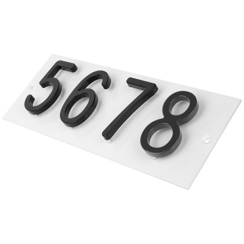 Plaque d'adresse horizontale flottante en aluminium Royal Shade - 4 chiffres personnalisés, Blanc, Noir, Oui
