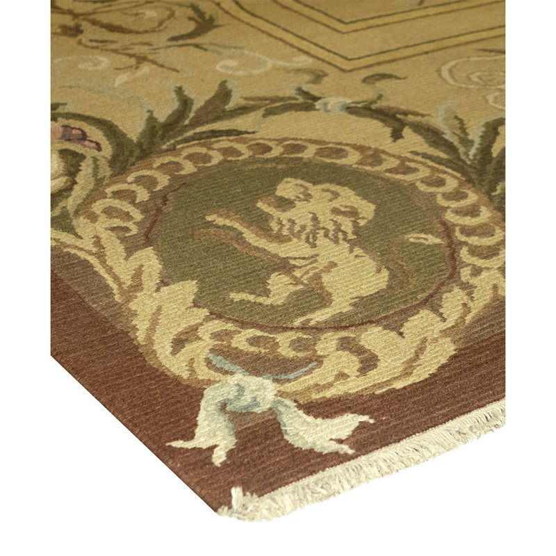 Tapis vert clair / brun / beige noué à la main de haute qualité