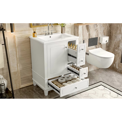 Meuble-lavabo 24 po avec lavabo et tiroirs, meuble-lavabo autoportant blanc avec plateau en céramique et tablettes de rangement, panneau de fibres à densité moyenne et base en bois massif, meuble-lavabo moderne pour petite salle de bain