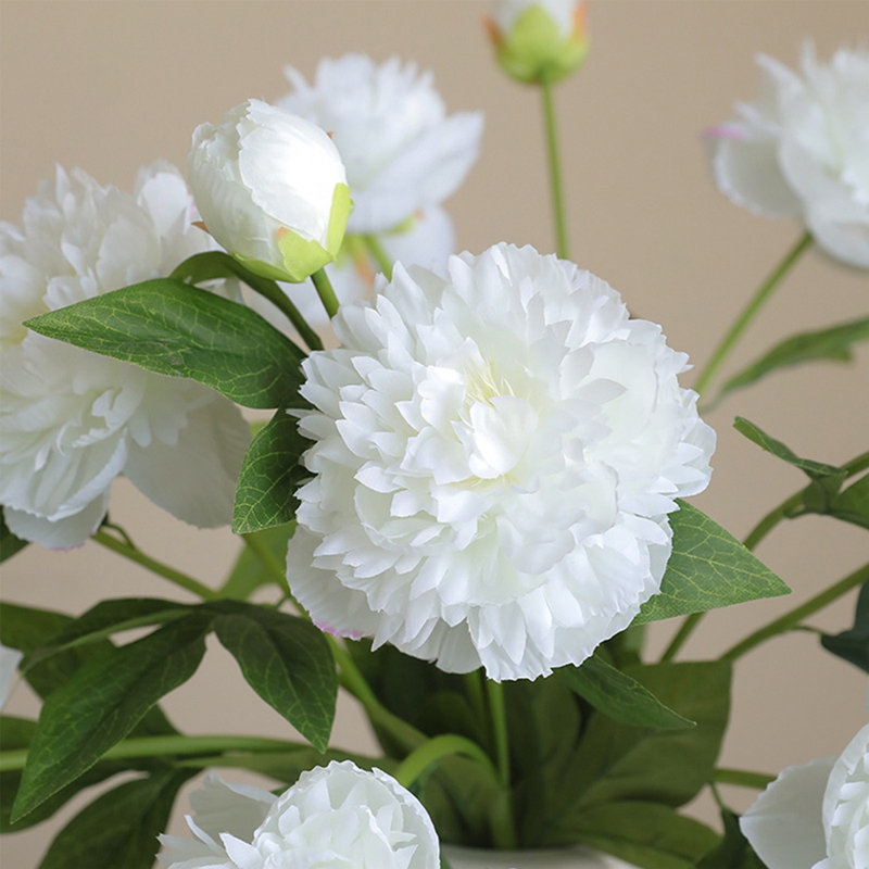 6 pièces de fleurs artificielles, pivoine artificielle avec feuille de fleur en plastique, décor de bar fête de mariage à domicile, cadeau de Saint-Valentin (blanc)
