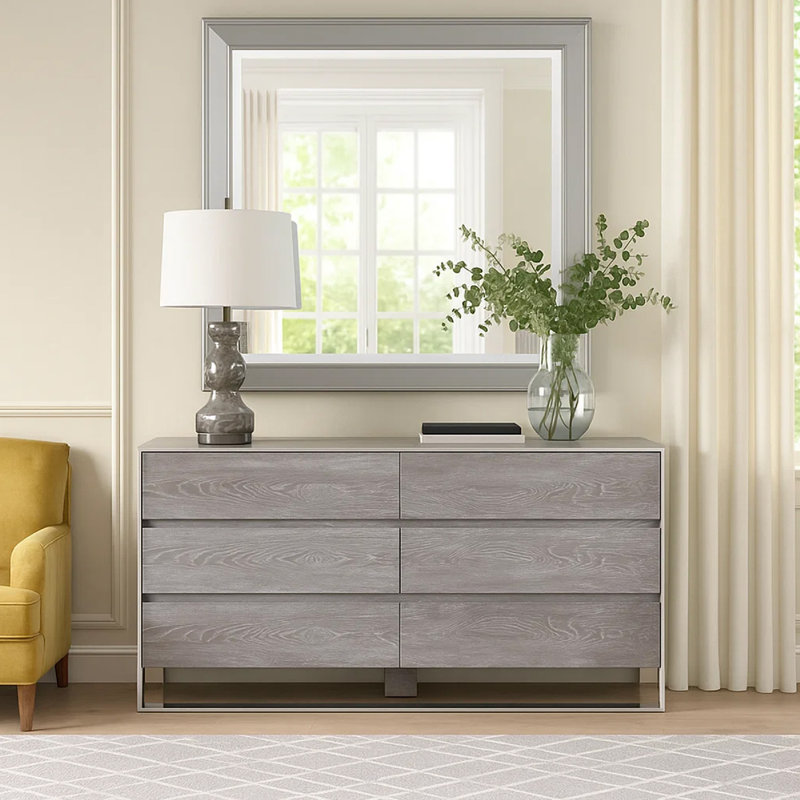 Commode 6 tiroirs avec base en métal et pieds en bloc, gris