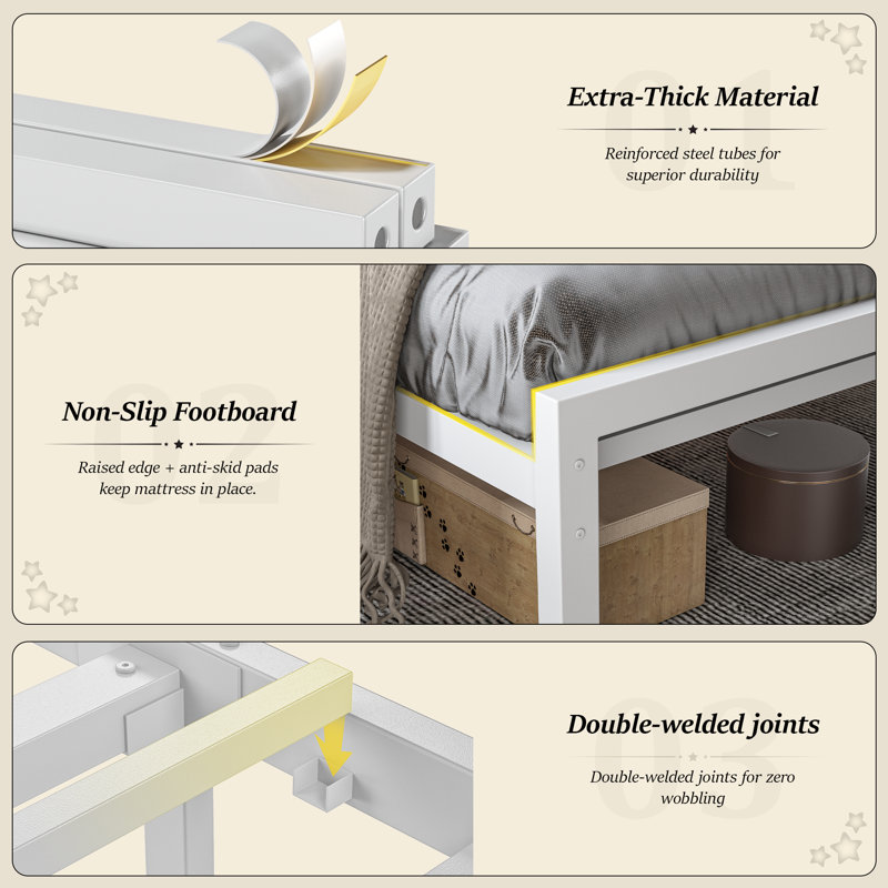 Metal Bed Frames With 2-Tier Storage Headboard And LED Light,No Box Spring Needed, Noise-Free,Easy Assembly, Full, White