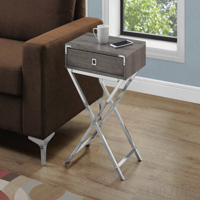 Brown Laminate And Chrome Metal Side End Table With Storage Drawer