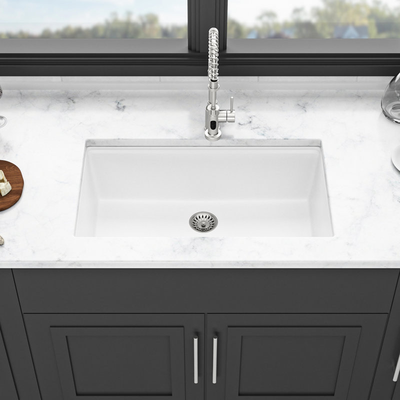 Évier à quartz 32 po x 19 po blanc - composite, station de travail silencieuse, apparence granite de cuisine robuste, Blanc